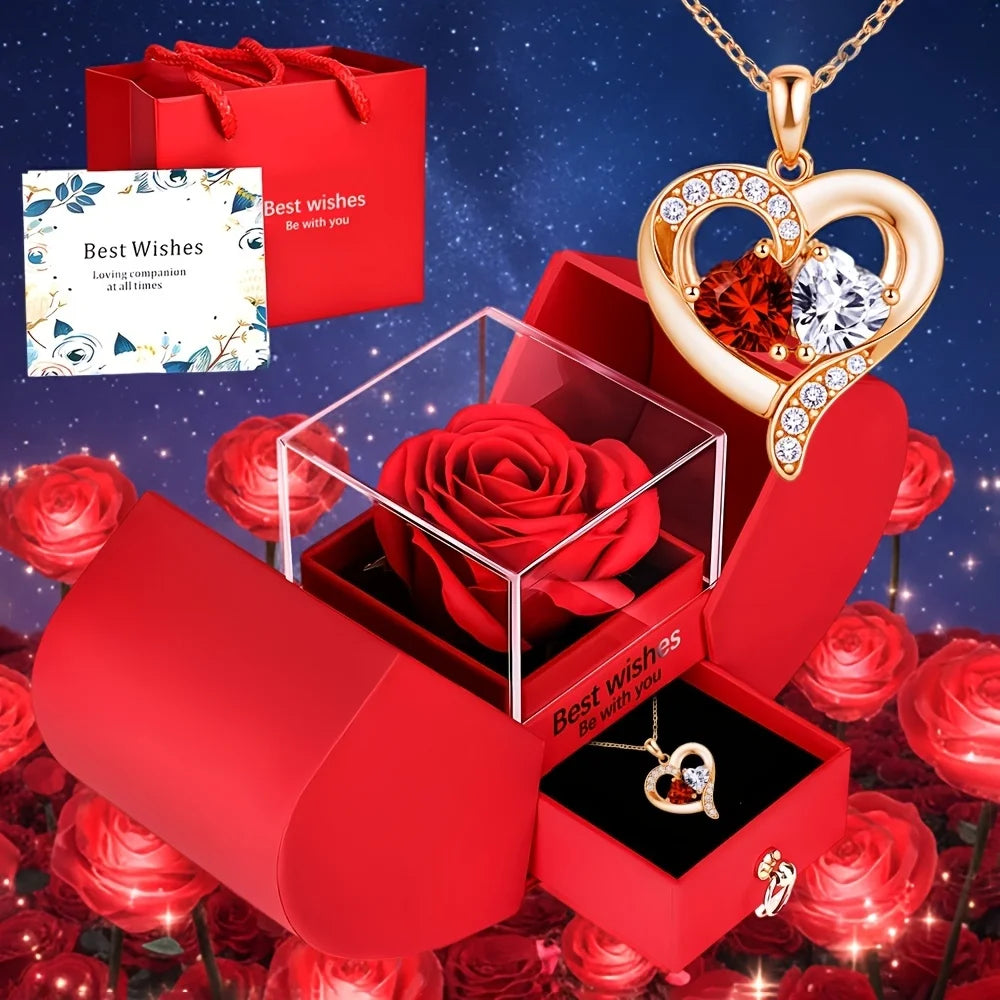 Czerwone Pudełko Prezentowe z Różą i Kwiatami z Naszyjnikiem w Kształcie Serca