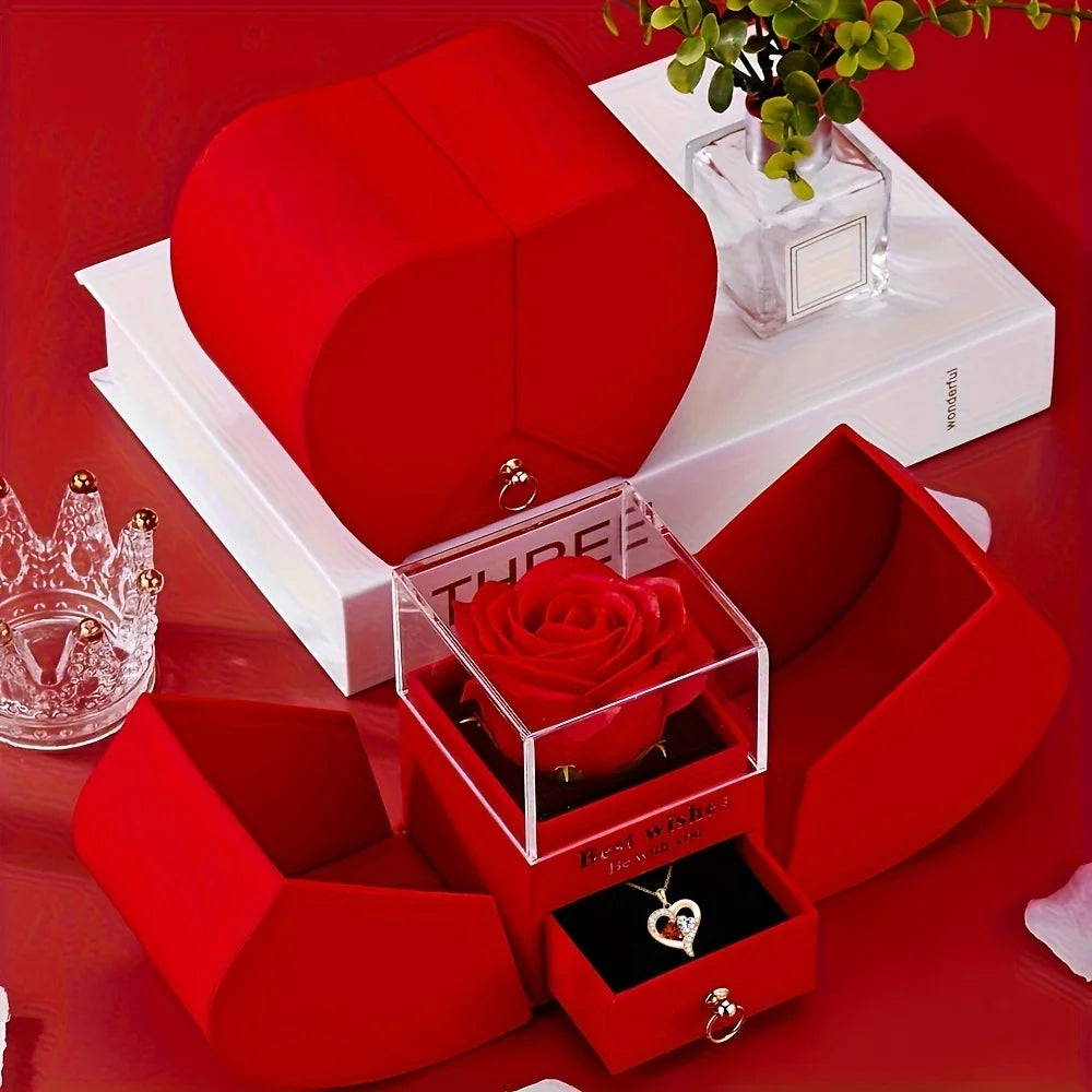 Czerwone Pudełko Prezentowe z Różą i Kwiatami z Naszyjnikiem w Kształcie Serca