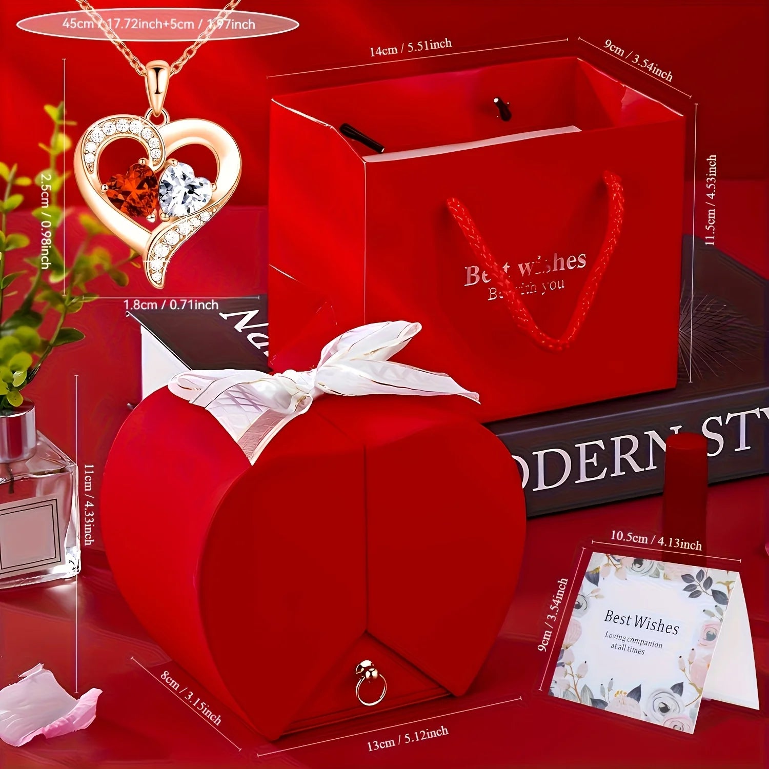 Czerwone Pudełko Prezentowe z Różą i Kwiatami z Naszyjnikiem w Kształcie Serca