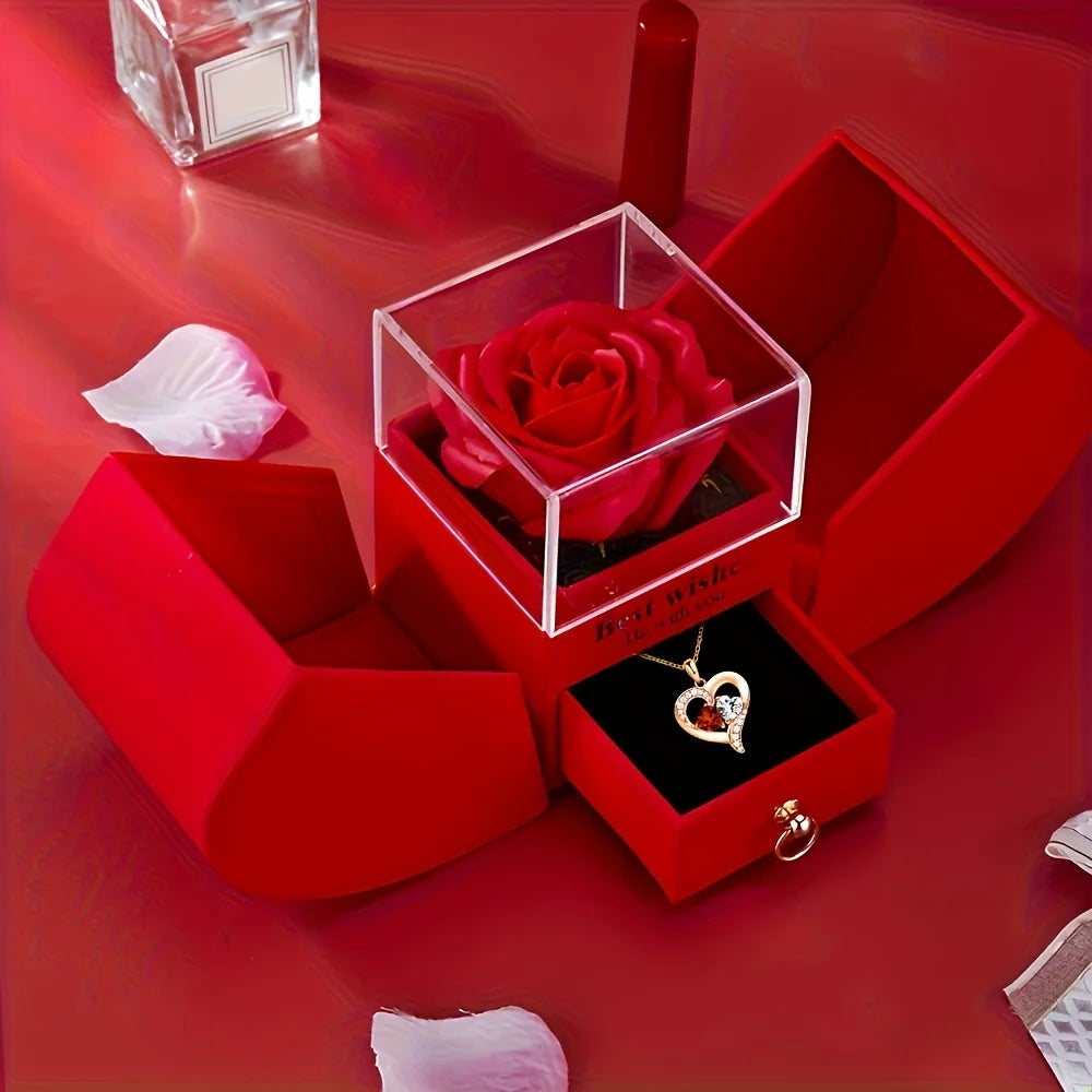 Czerwone Pudełko Prezentowe z Różą i Kwiatami z Naszyjnikiem w Kształcie Serca